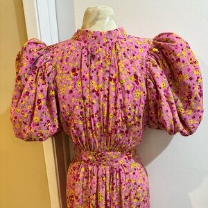 Rotate Floral Jacquard Romantic Puff Sleeves Open Back Midi “Noon” Dress 6 EU 36